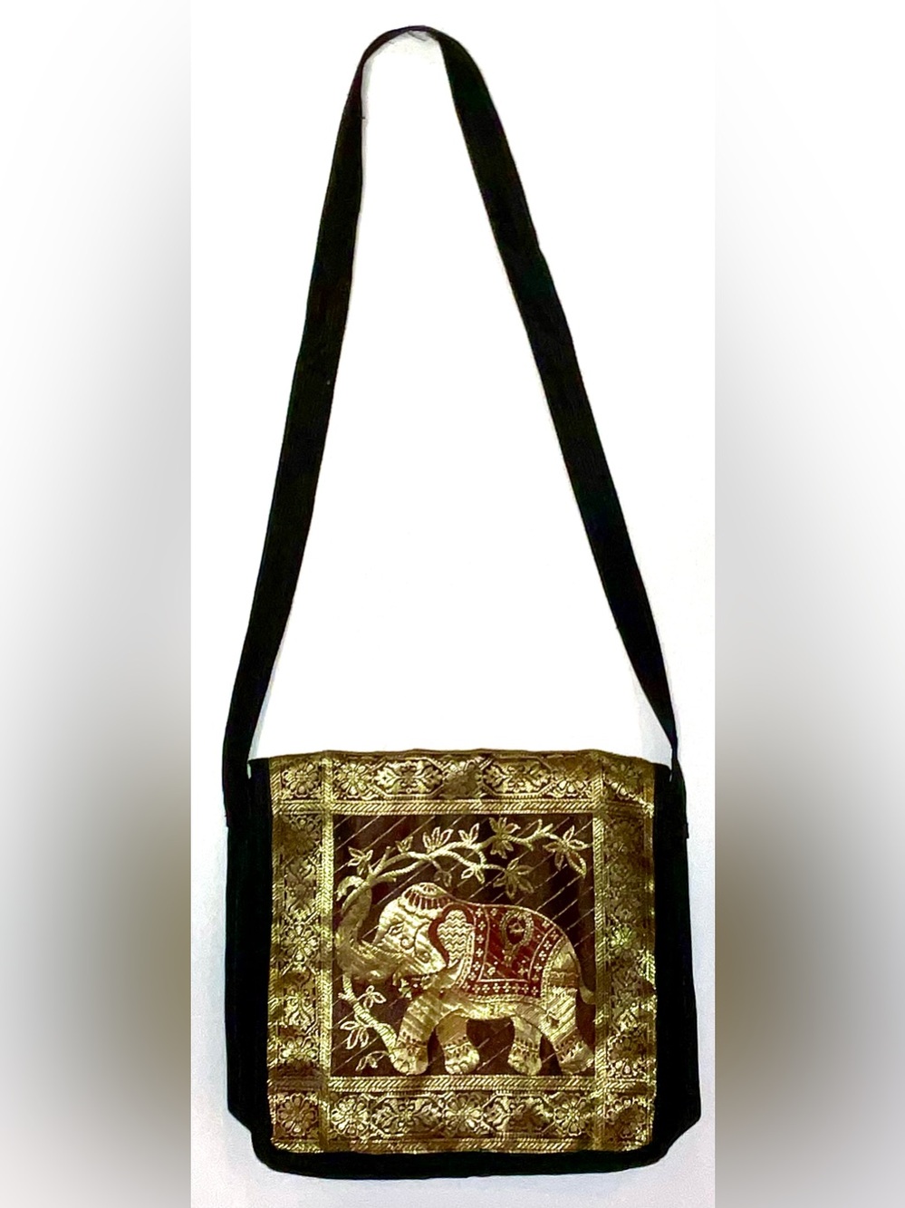Shoulder Or Crossbody Bag Of Embroidered Gold/Blk Beauty featuring Elephant